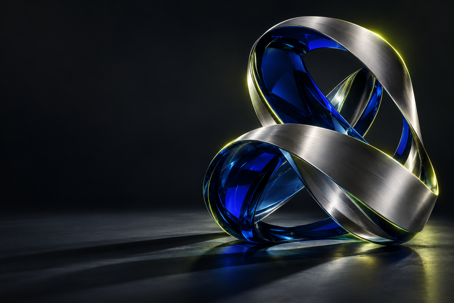Abstract chrome and blue glass sculpture with bright green highlights